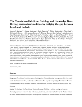 The Translational Medicine Ontology and Knowledge Base: Driving Personalized Medicine by Bridging the Gap Between Bench and Bedside