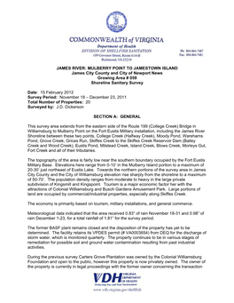 JAMES RIVER: MULBERRY POINT to JAMESTOWN ISLAND James City County and City of Newport News Growing Area # 059 Shoreline Sanitary Survey