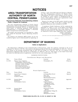 NOTICES Writing, a Copy of the RFP from the Director of Market- AREA TRANSPORTATION Ing, Area Transportation Authority, 523 Market Street, Johnsonburg, PA 15845