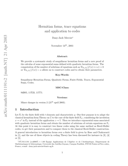 Hermitian Forms, Trace Equations and Application to Codes