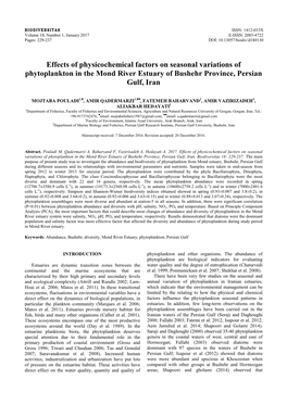 Effects of Physicochemical Factors on Seasonal Variations of Phytoplankton in the Mond River Estuary of Bushehr Province, Persian Gulf, Iran