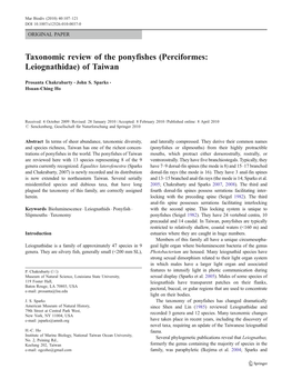 Taxonomic Review of the Ponyfishes (Perciformes: Leiognathidae) of Taiwan