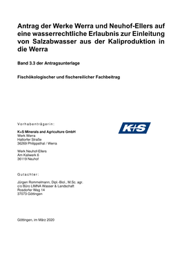 Antrag Der Werke Werra Und Neuhof-Ellers Auf Eine Wasserrechtliche Erlaubnis Zur Einleitung Von Salzabwasser Aus Der Kaliproduktion in Die Werra