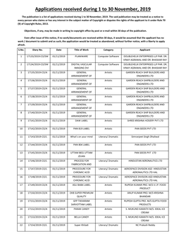 Applications Received During 1 to 30 November, 2019