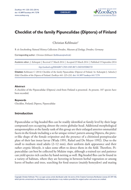 Diptera) of Finland 225 Doi: 10.3897/Zookeys.441.7278 CHECKLIST Launched to Accelerate Biodiversity Research