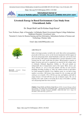 Livestock Energy in Rural Environment: Case Study from Uttarakhand, India