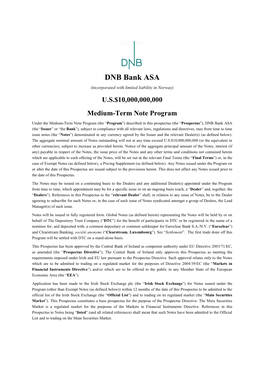 DNB Bank ASA (Incorporated with Limited Liability in Norway) U.S.$10,000,000,000 Medium-Term Note Program