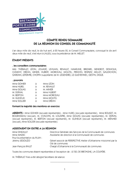 Compte Rendu Sommaire De La Réunion Du Conseil De Communauté