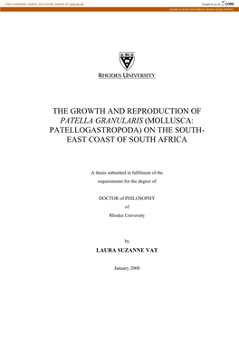 The Growth and Reproduction of Patella Granularis (Mollusca: Patellogastropoda) on the South- East Coast of South Africa