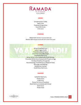 YAAL VIRINDU MENU 2020 1 DRINKS Complimentary Toddy