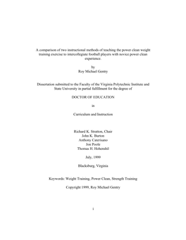 A Comparison of Two Instructional Methods of Teaching the Power Clean Weight Training Exercise to Intercollegiate Football Players with Novice Power Clean Experience