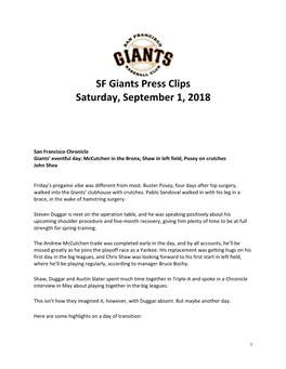 SF Giants Press Clips Saturday, September 1, 2018