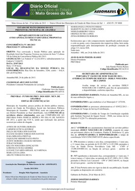 Mato Grosso Do Sul , 25 De Julho De 2013 • Diário Oficial Dos Municípios Do Estado Do Mato Grosso Do Sul • ANO IV | Nº 0888