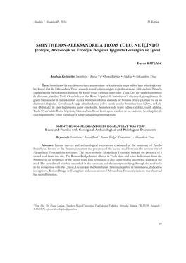 SMINTHEION-ALEKSANDREIA TROAS YOLU, NE İÇİNDİ? Jeolojik, Arkeolojik Ve Filolojik Belgeler Işığında Güzergâh Ve İşlevi