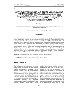 Settlement Behaviour and Size of Mussel Larvae from the Family