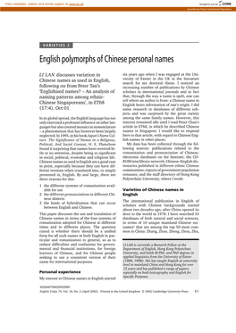 English Polymorphs of Chinese Personal Names