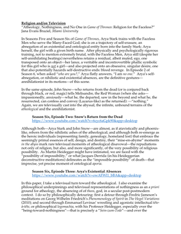 Atheology, Nothingness, and No One in Game of Thrones: Religion for the Faceless?” Jana Evans Braziel, Miami University