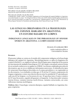 Las Lenguas Originarias En La Fraseología Del Español Hablado En Argentina: Un Estudio Basado En Corpus.” En: Mogorrón Huerta, Pedro (Ed.) 2020