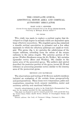 The Cingulate Gyrus : Additional Motor Area and Cortical Autonomic Regulator