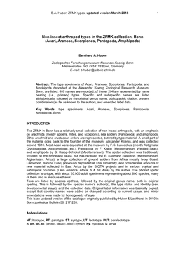Non-Insect Arthropod Types in the ZFMK Collection, Bonn (Acari, Araneae, Scorpiones, Pantopoda, Amphipoda)
