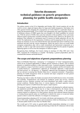 Interim Document: Technical Guidance on Generic Preparedness Planning for Public Health Emergencies