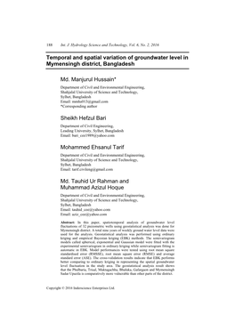 Temporal and Spatial Variation of Groundwater Level in Mymensingh District, Bangladesh Md. Manjurul Hussain* Sheikh Hefzul Bari