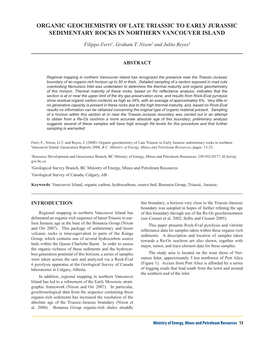 Organic Geochemistry of Late Triassic to Early Jurassic Sedimentary Rocks in Northern Vancouver Island