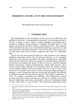 Terrorism and the Law in the United Kingdom# I