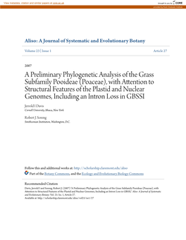 A Preliminary Phylogenetic Analysis of the Grass Subfamily Pooideae (Poaceae), with Attention to Structural Features of the Plas