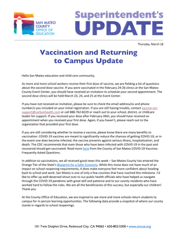 Vaccination and Returning Students to Campus Update March 18