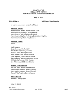 Minutes of the Regular Open Meeting New Mexico Public Regulation Commission