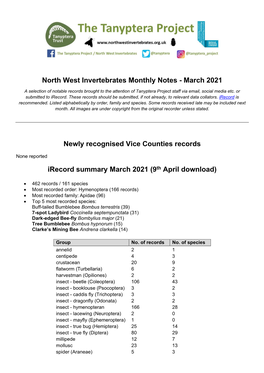 March 2021 Newly Recognised Vice Counties Records Irecord Summary