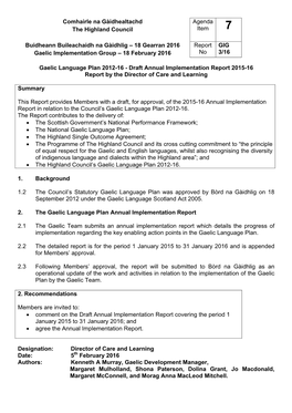 Item 7 Gaelic Language Plan 2012-16 – Draft