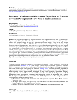 Investment, Man Power and Government Expenditure on Economic Growth in Development of Three Area in South Kalimantan