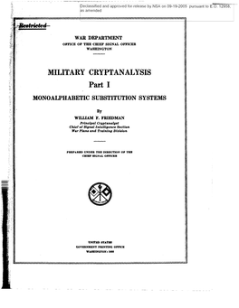 MILITARY CRYPTANALYSIS Par.T I MONOALPHABETIC SUBSTITUTION SYSTEMS