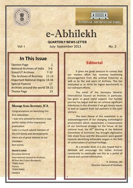 E-Abhilekh QUARTERLY NEWS LETTER Vol -I July- September 2013 No