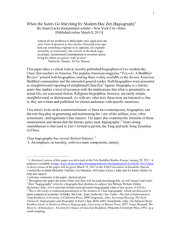 When the Saints Go Marching In: Modern Day Zen Hagiography1 by Stuart Lachs (Independent Scholar - New York City- Oslo) [Published Online March 9, 2011]