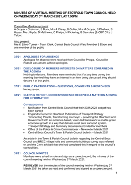 Minutes of a Virtual Meeting of Stotfold Town Council Held on Wednesday 3Rd March 2021, at 7.00Pm