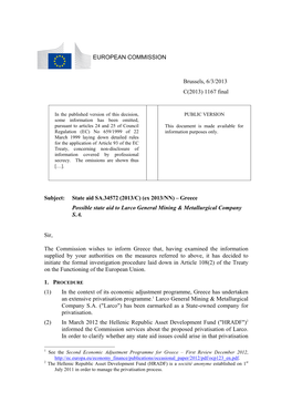 State Aid SA.34572 (2013/C) (Ex 2013/NN) – Greece Possible State Aid to Larco General Mining & Metallurgical Company S.A