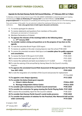 Agenda for EHPC Meeting 2Feb21 DRAFT