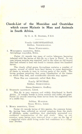 Check-List of the Muscidae and .Oestridae Which ·Cause Myiasis in Man and Animals in South Africa