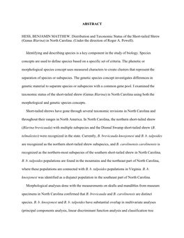 ABSTRACT HESS, BENJAMIN MATTHEW. Distribution and Taxonomic Status of the Short-Tailed Shrew