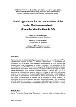 Social Hypotheses for the Communities of the Iberian Mediterranean Basin (From the VI to II Millennia BC)