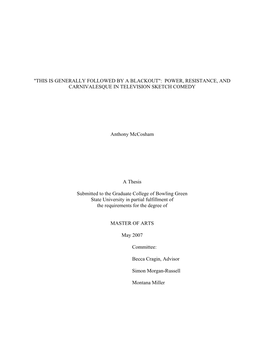 "This Is Generally Followed by a Blackout": Power, Resistance, and Carnivalesque in Television Sketch Comedy