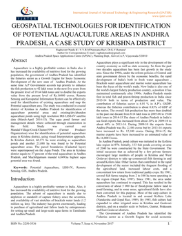 Geospatial Technologies for Identification of Potential Aquaculture Areas in Andhra Pradesh, a Case Study of Krishna District