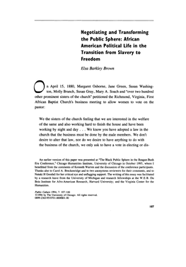 Negotiating and Transforming the Public Sphere: African American Political Life in the Transition from Slavery to Freedom