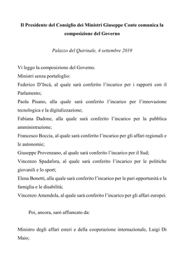 Il Presidente Del Consiglio Dei Ministri Giuseppe Conte Comunica La Composizione Del Governo