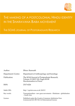 The Making of a Postcolonial Hindu Identity in the Sharavana Baba Movement