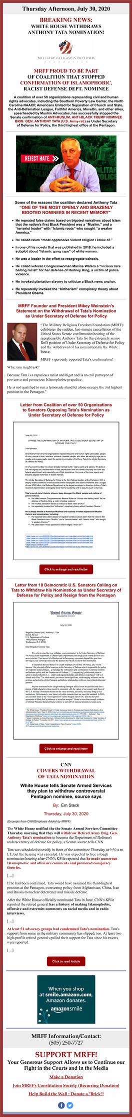 MRFF Proud to Be Part of Coalition That Stopped Confirmation of Islamophobic, Racist Defense Dept. Nominee Anthony Tata