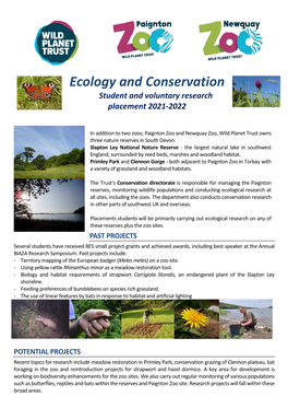 Ecology and Conservation Student and Voluntary Research Placement 2021-2022